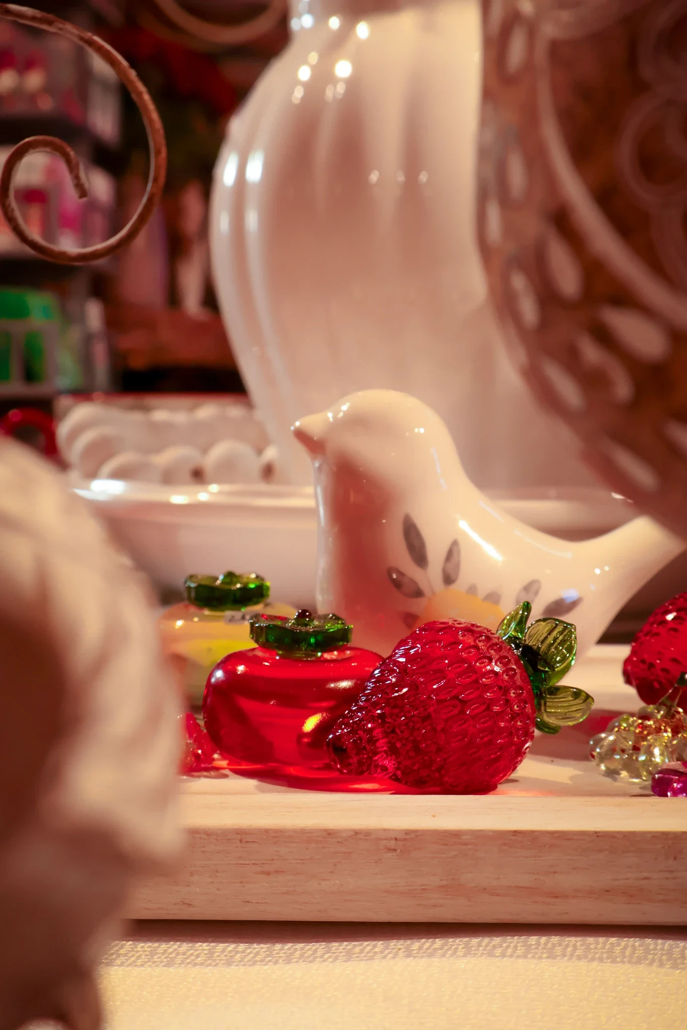 Ceramic birds and strawberry dishes